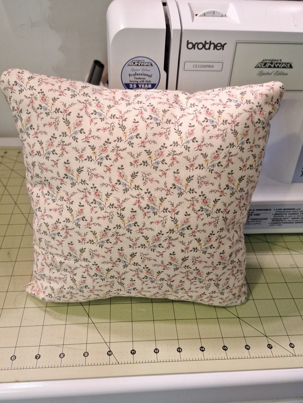 Handmade Cream Floral Accent Pillow with Pink and Green Sprigs